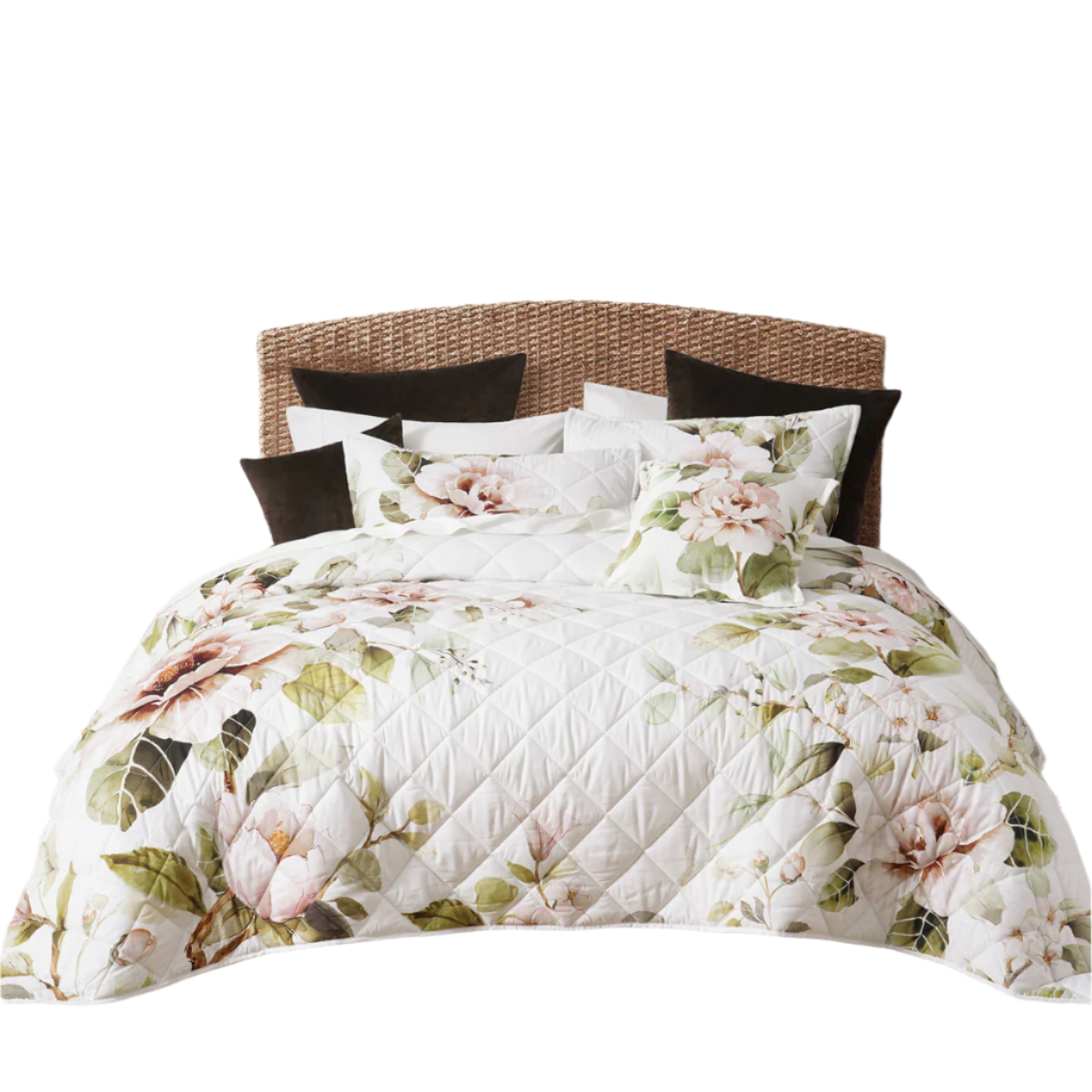 Bianca Rosalia White Floral Printed Quilted Polyester Coverlet Set Queen/King