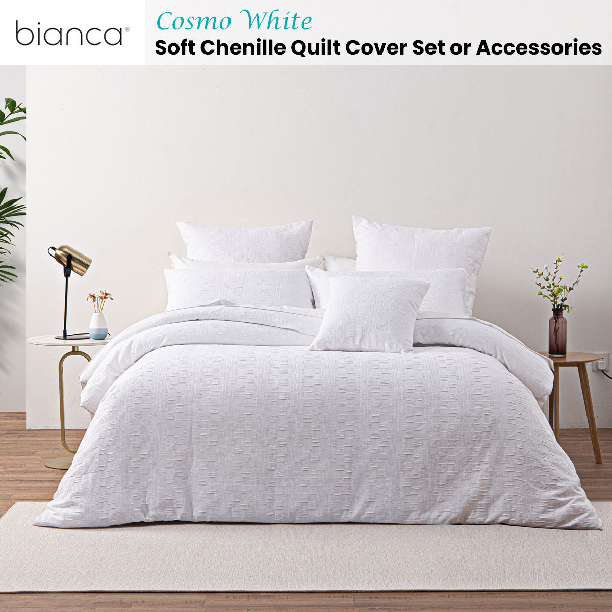 Bianca Cosmo White Soft Chenille Geometric Quilt Cover Set