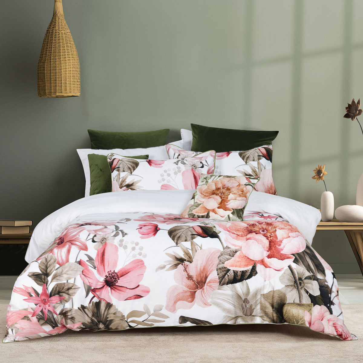 Bianca Eliana White Floral Printed Cotton Sateen Quilt Cover Set