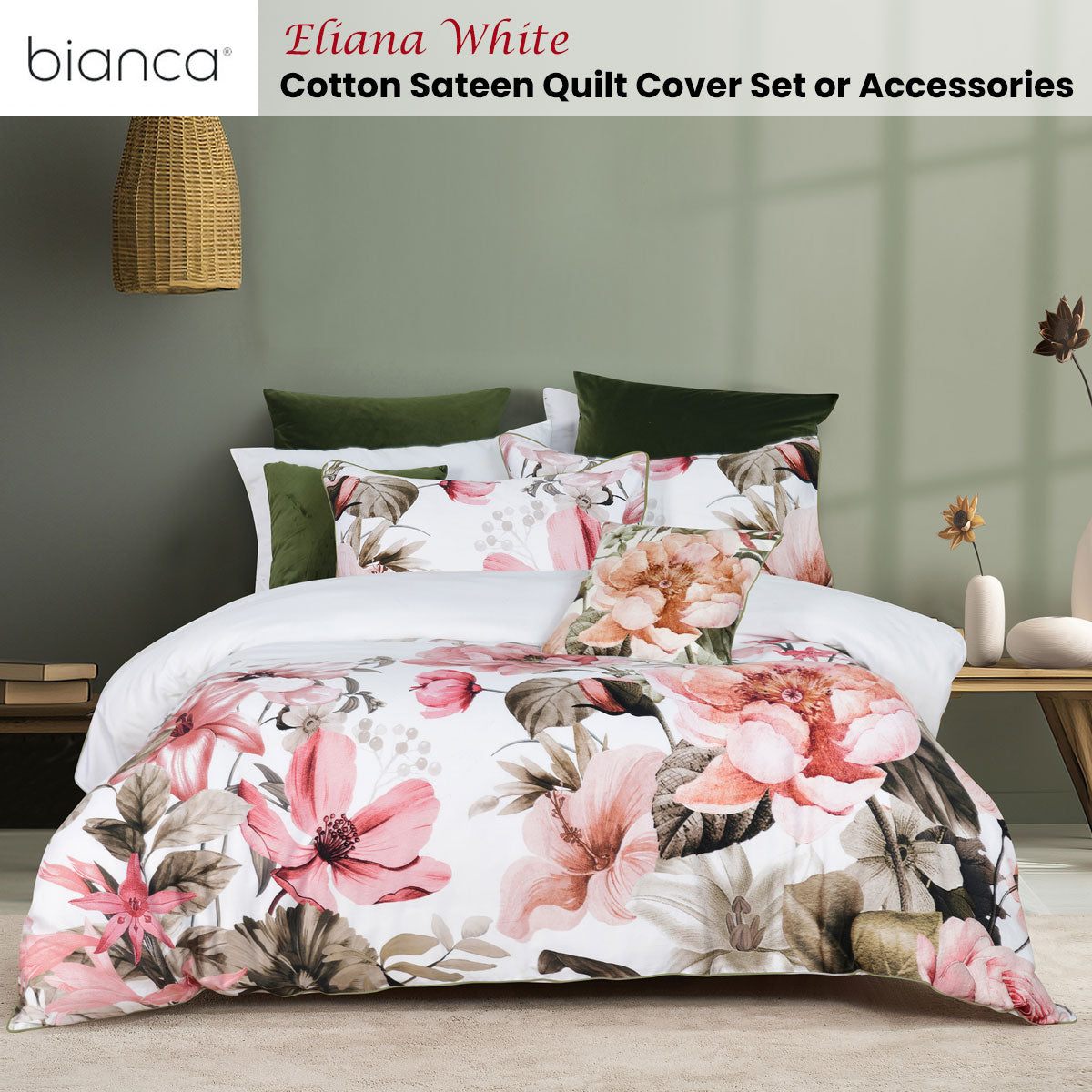 Bianca Eliana White Floral Printed Cotton Sateen Quilt Cover Set