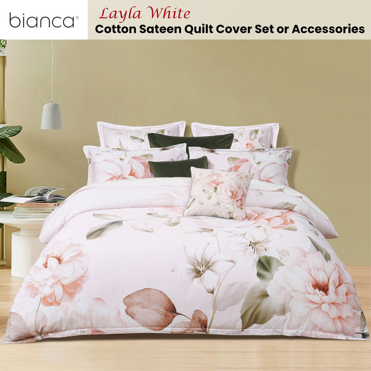 Bianca Layla White Floral Printed Cotton Sateen Quilt Cover Set