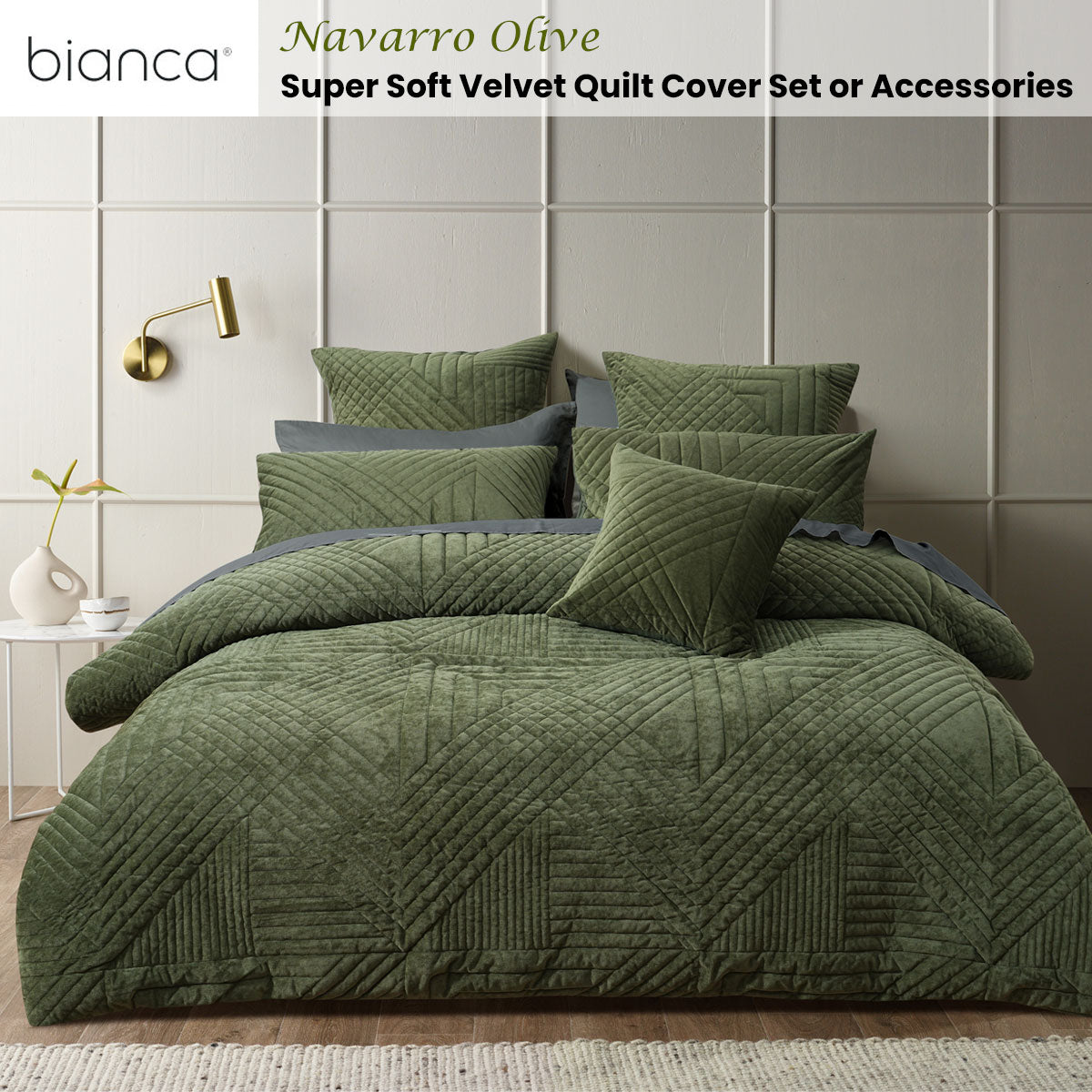 Bianca Navarro Olive Soft Velvet Geometric Quilt Cover Set