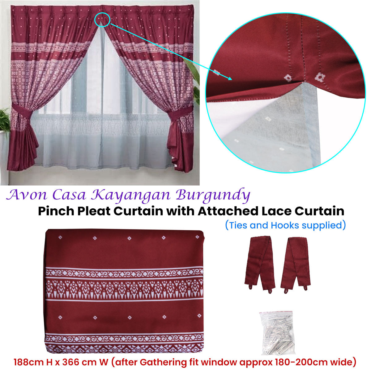 Avon Home Casa Kayangan Burgundy Pinch Pleat Window Curtain With Attached Lace