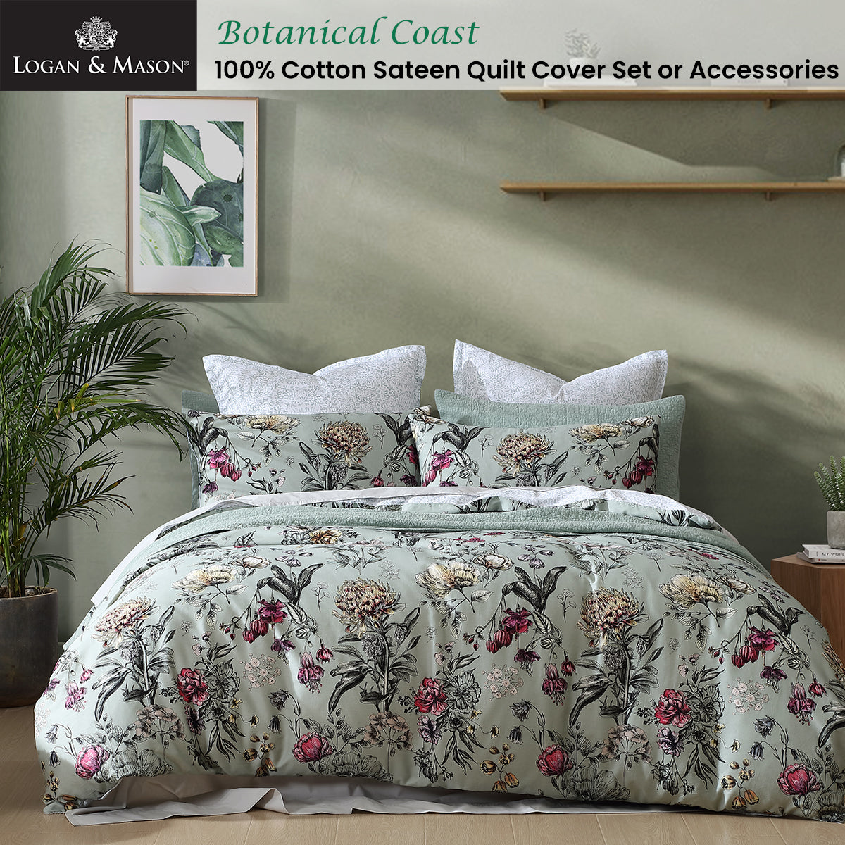 Logan And Mason 250Tc Botanical Coast Sage Cotton Sateen Quilt Cover Set