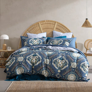 Logan And Mason 250Tc Kashmir Mid Blue Cotton Sateen Quilt Cover Set