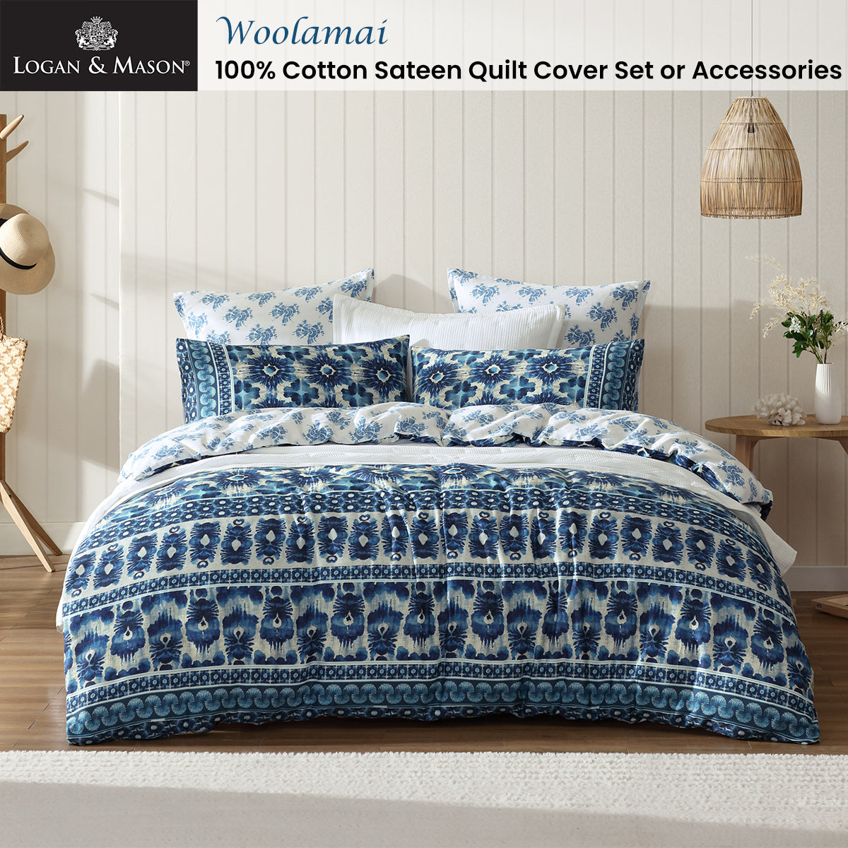 Logan And Mason 250Tc Woolamai Blue Cotton Sateen Quilt Cover Set