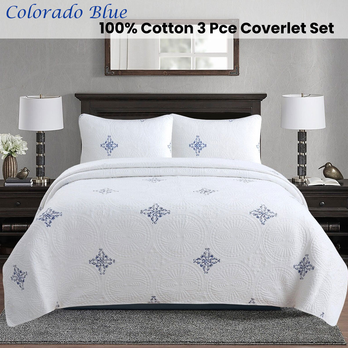 100% Cotton Lightly Quilted Coverlet Set Colorado Blue King