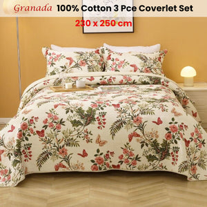 100% Cotton Lightly Quilted Coverlet Set Granada Cream Queen