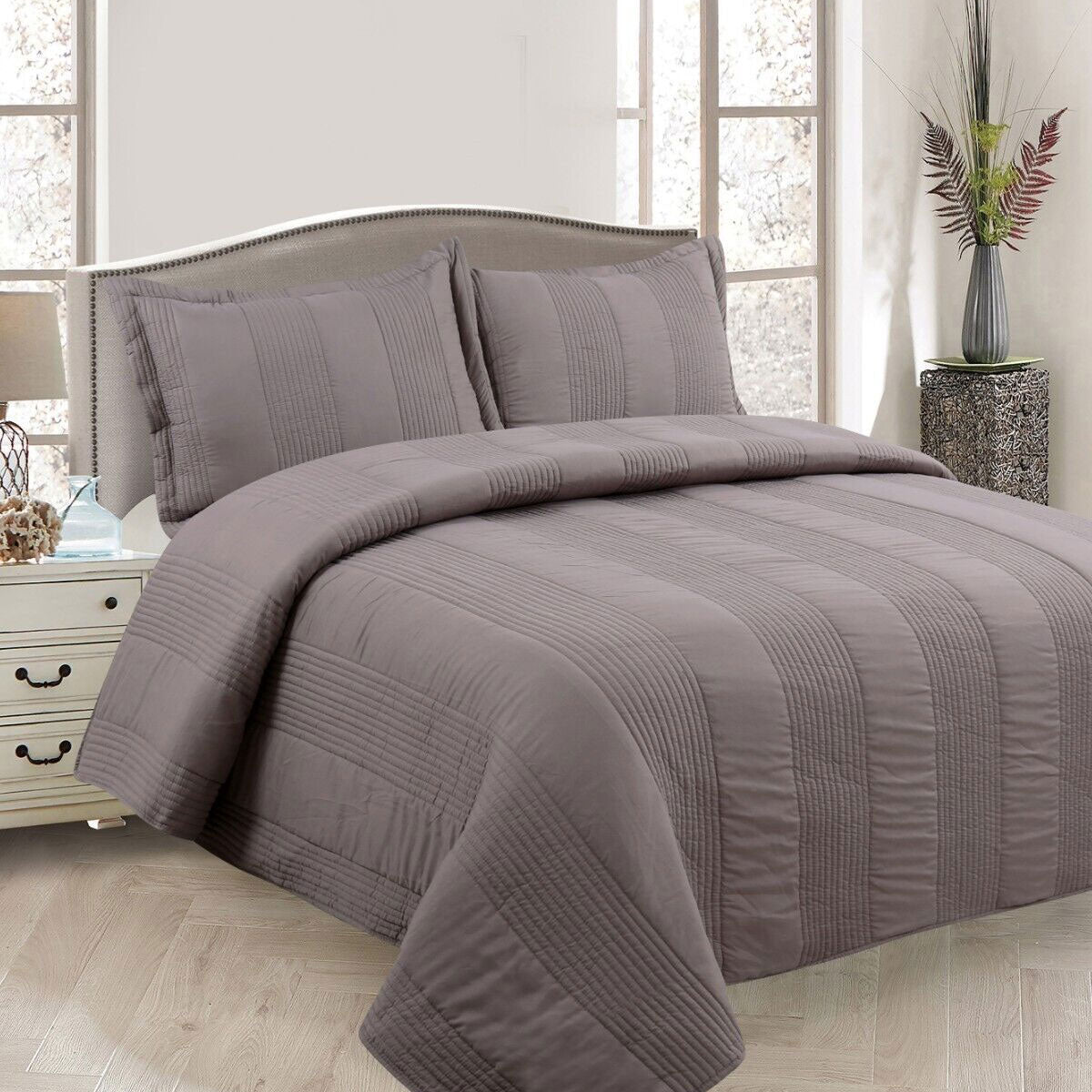 Lewis Mocha 3 Pce Lightly Quilted Polyester Cotton Coverlet Set Queen