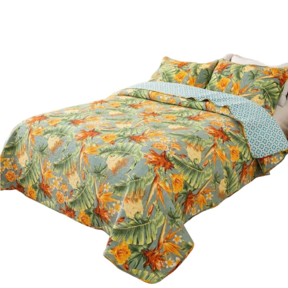100% Cotton Lightly Quilted Coverlet Set Birds Of Paradise Queen 230 X 250 Cm