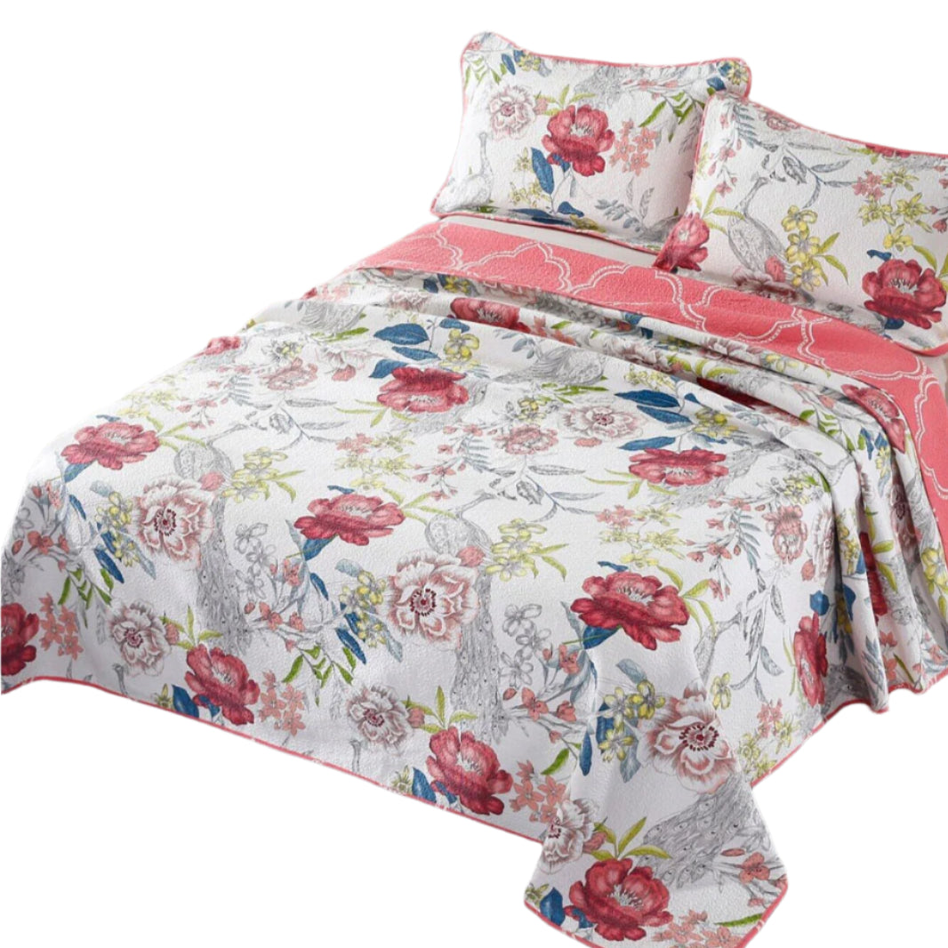 100% Cotton Lightly Quilted Coverlet Set Peacock Garden Pink Queen