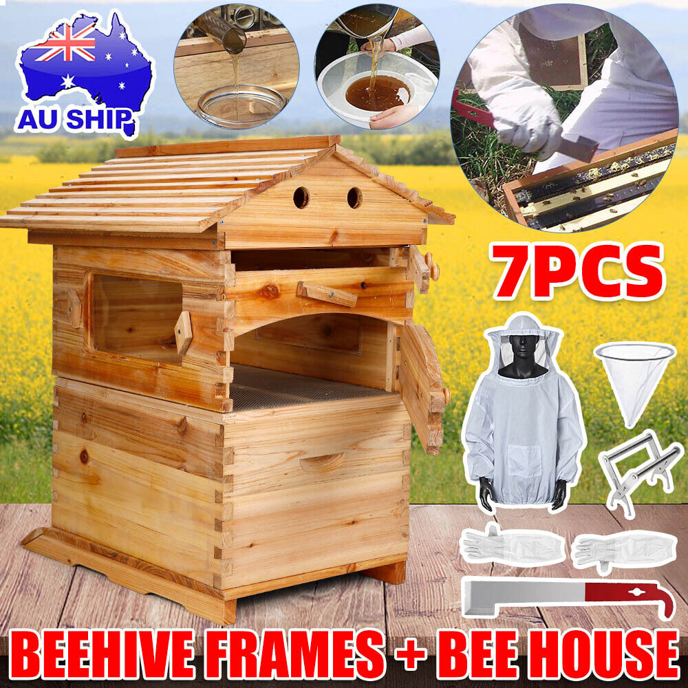 Wooden Beekeeping Beehive House +7Pcs Upgraded Auto Honey Comb Hive Frame