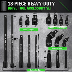 Swanlake 18Pcs Drive Tool Accessory Set Extension Bars Impact Universal Joint