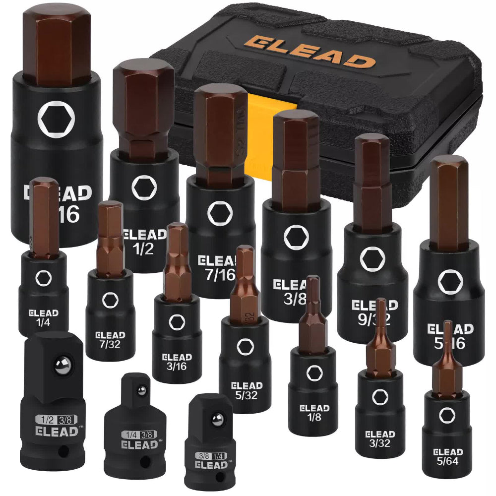 16Pc Sae Hex Bit Impact Socket Set 5/64" 9/16" Allen Adapter