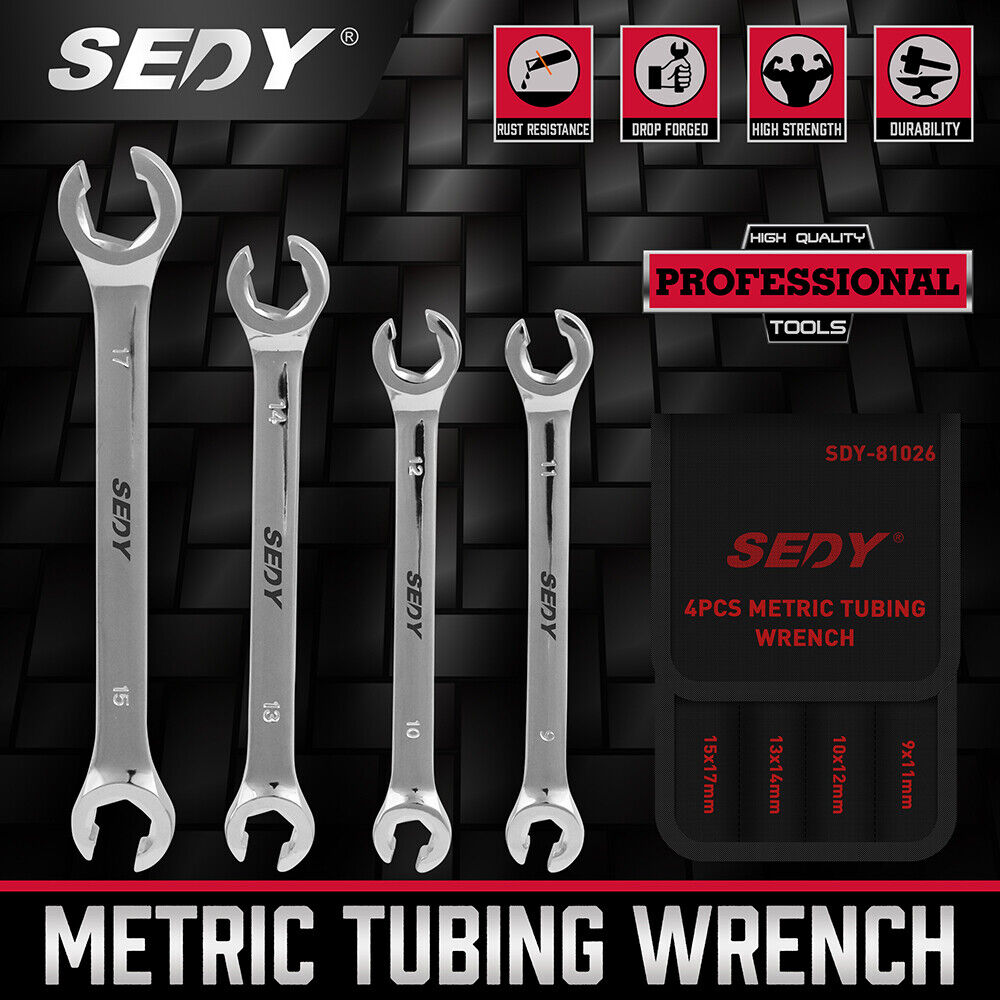 Sedy 4Pc Flare Nut Wrench Set Offset End Spanner Metric Cr V Steel Storage Pouch