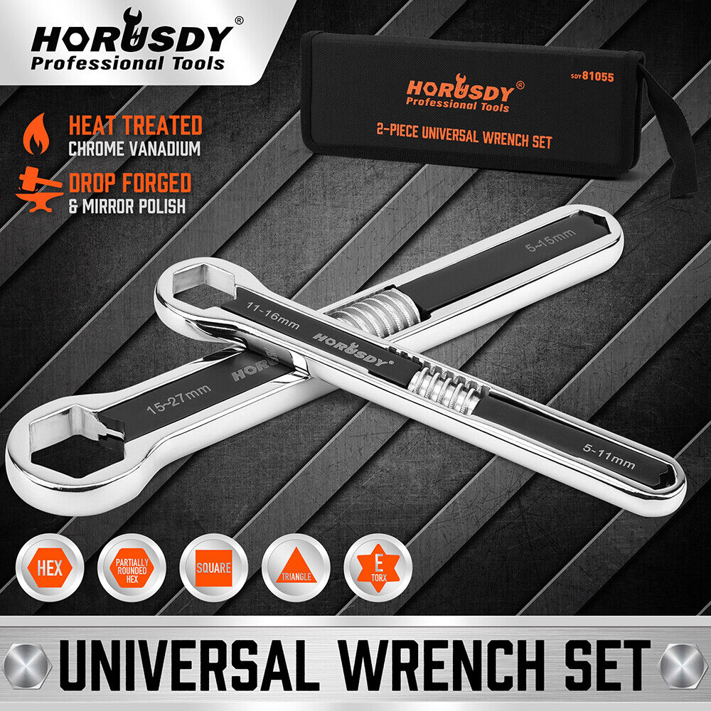 Horusdy 2Pcs Universal Wrench Set Sae & Metric Spanner Hex E Torx Triangle