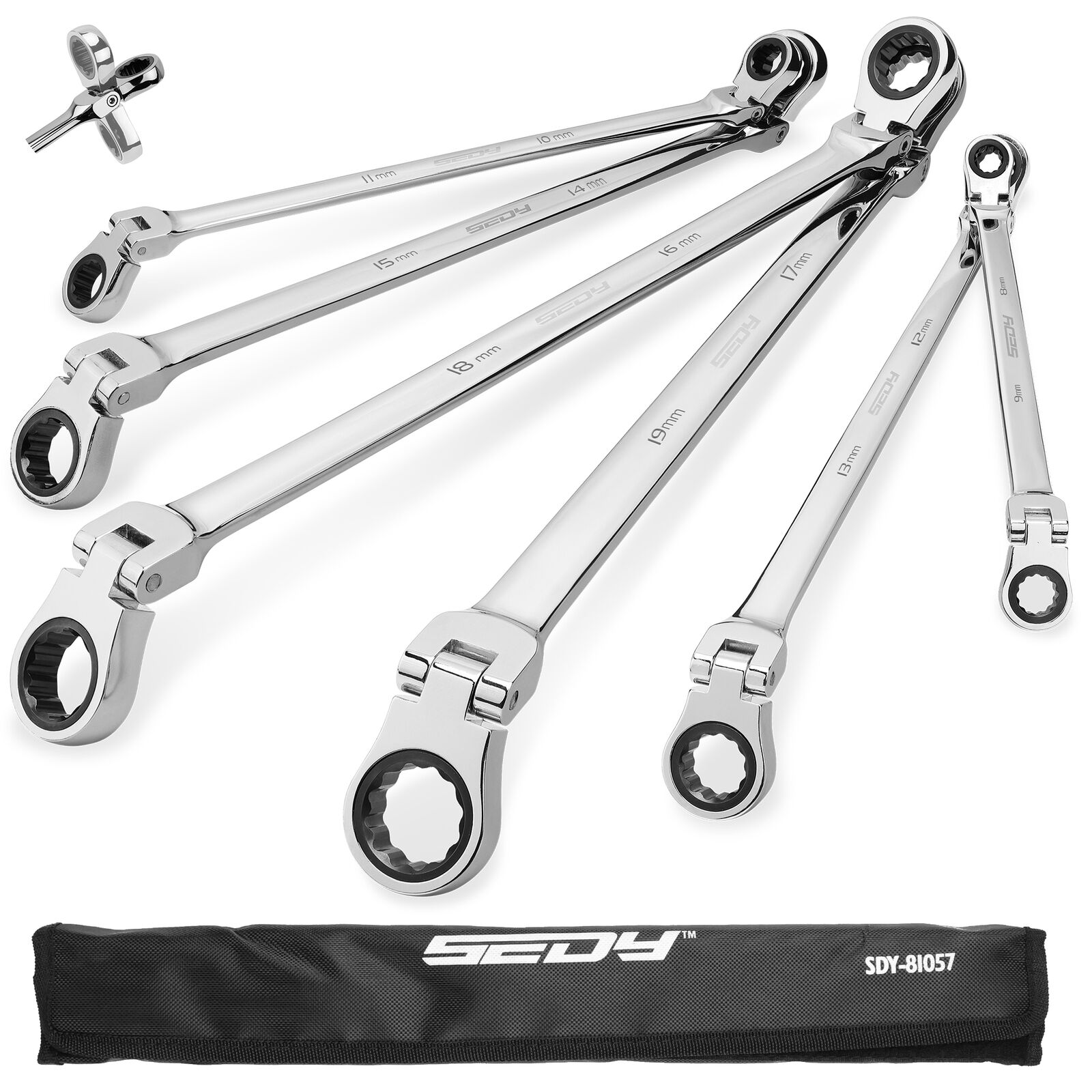 Sedy 6Pcs Extra Long Flex Head Ratchet Spanner Set Double Box End 8 19Mm