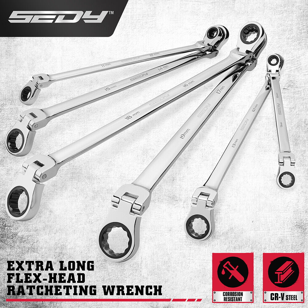 Sedy 6Pcs Extra Long Flex Head Ratchet Spanner Set Double Box End 8 19Mm