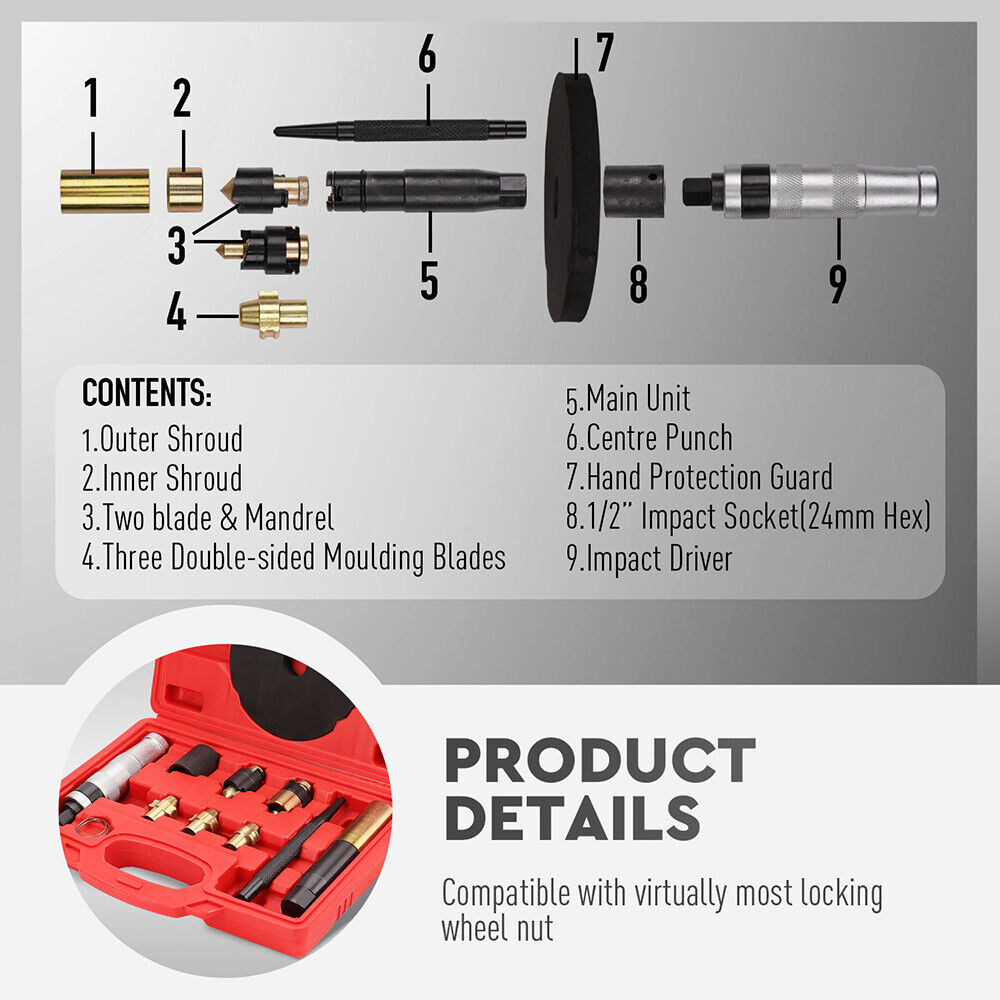 Sedy 10Pc Wheel Lock Removal Tool Kit Locking Nut Key Remover With Box