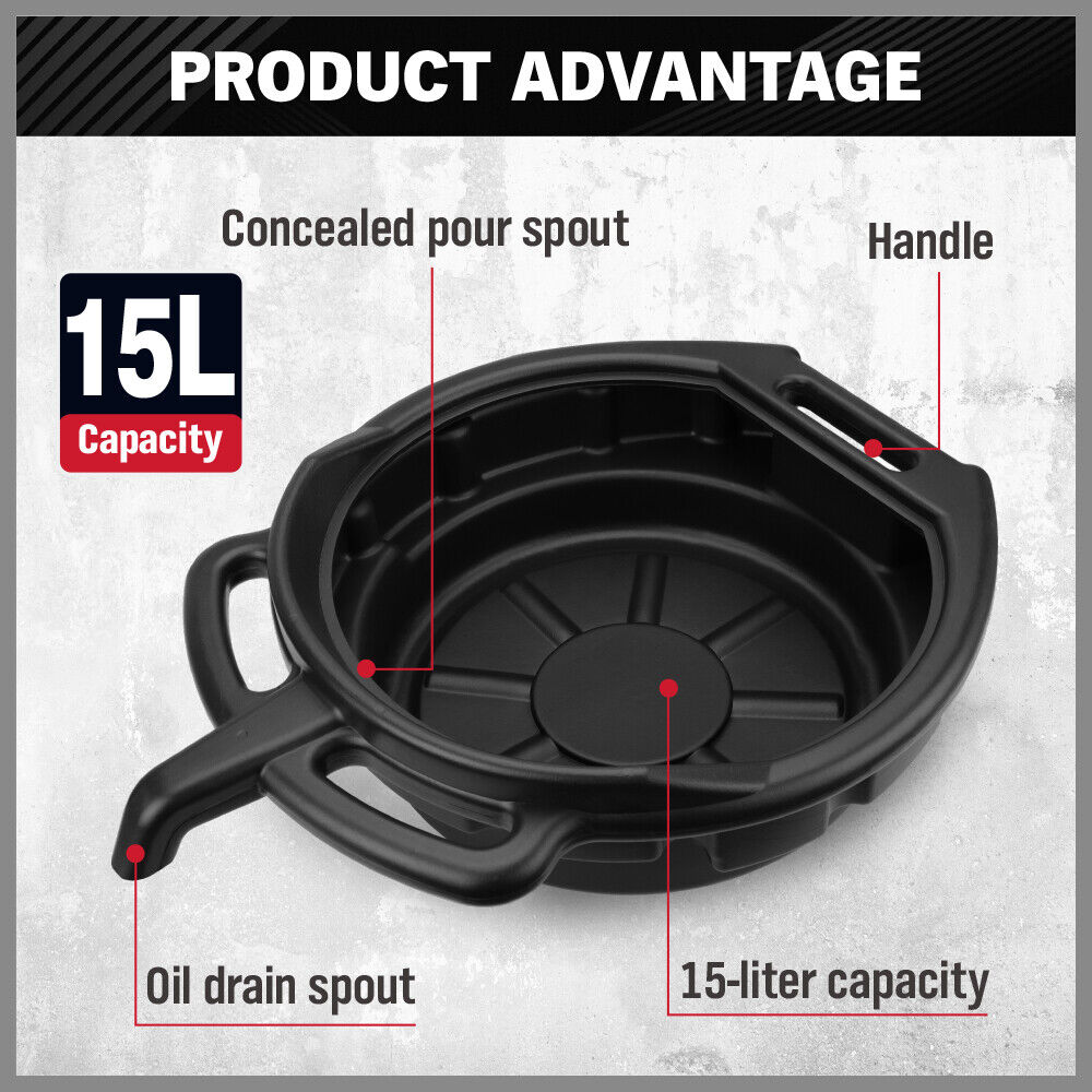 Sedy 15L Oil Change Pan Drain Tray Portable Dish Coolant Recovery Black