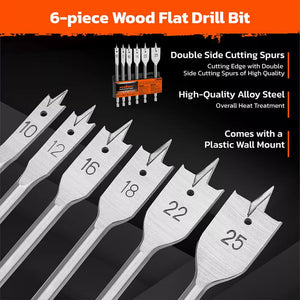 6 Pieces Flat Wood Boring Spade Drill Bit Set Drillbits 10 25Mm Bits 1/4" Shank