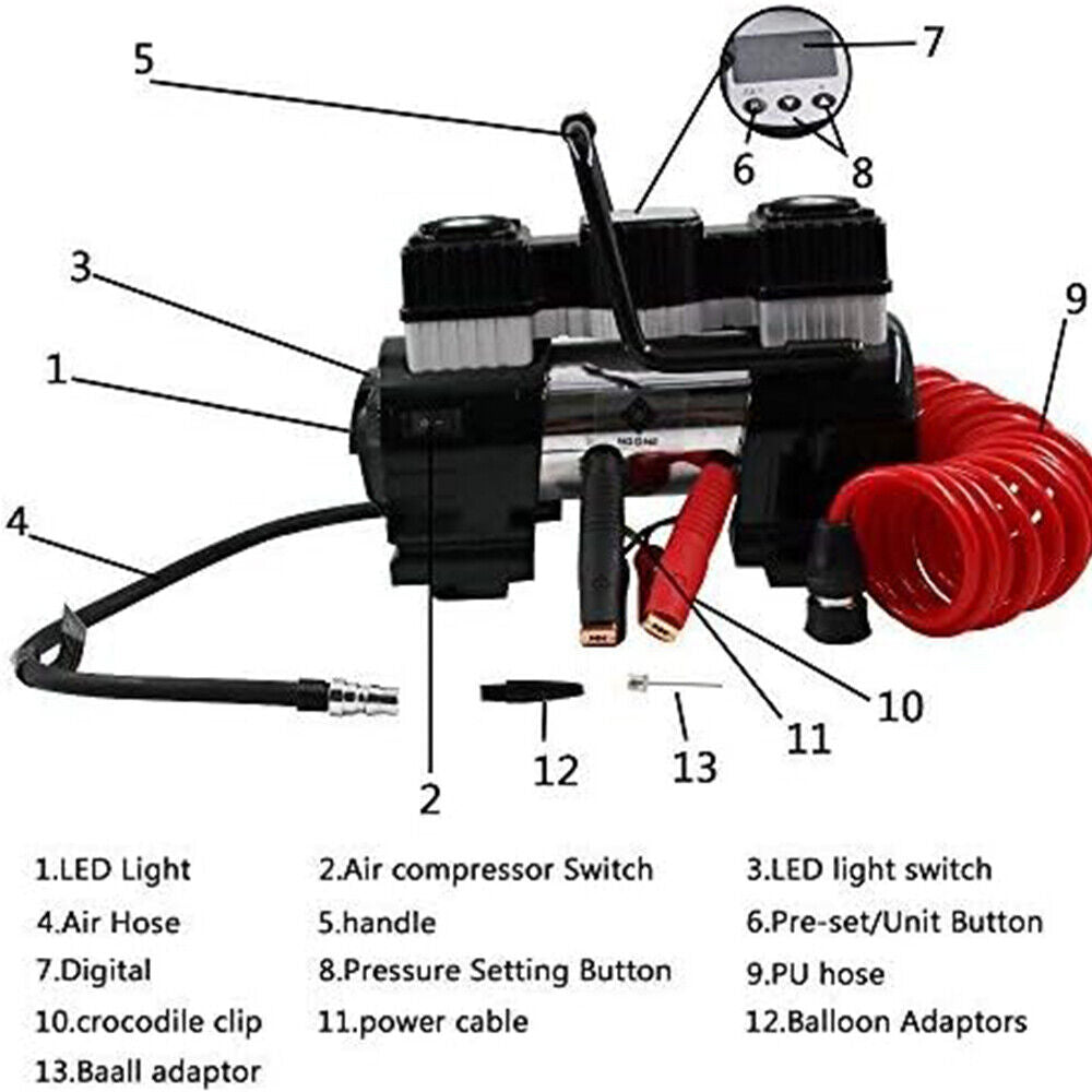 Noone 12V Digital Gauge Tyre Inflator Air Compressor Tire Pump