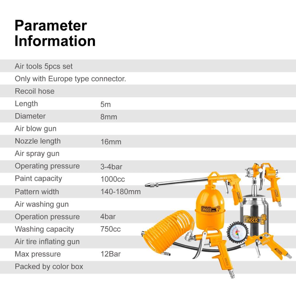 Ingco 5Pc Compessor Air Tool Set Paint Sprayer Blower Wash Tyre Inflating 5M Hose