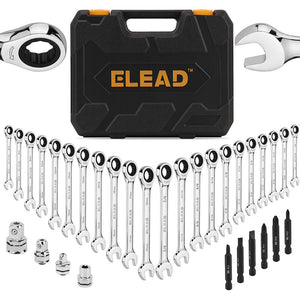 Elead 33Pcs Ratchet Wrench Set Sae Metric Phillips Slotted Bits Adapter