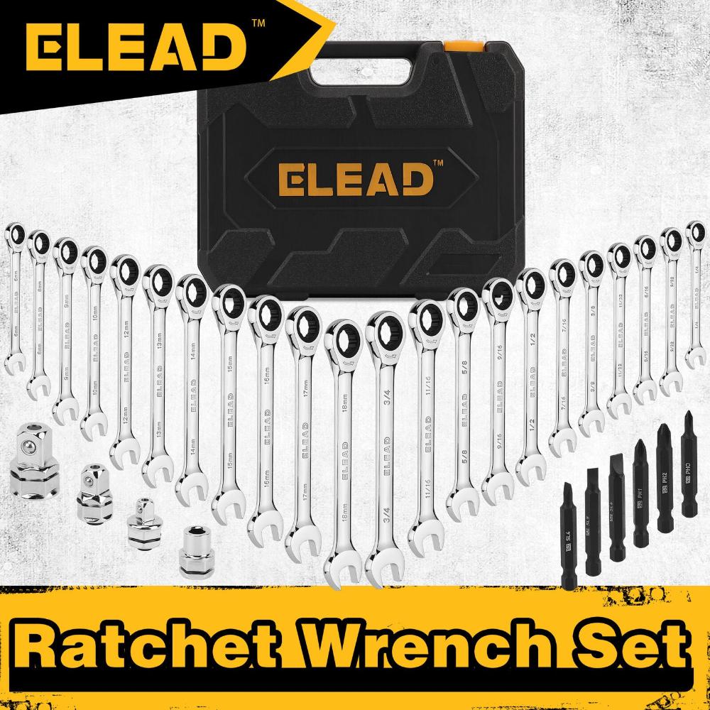 Elead 33Pcs Ratchet Wrench Set Sae Metric Phillips Slotted Bits Adapter