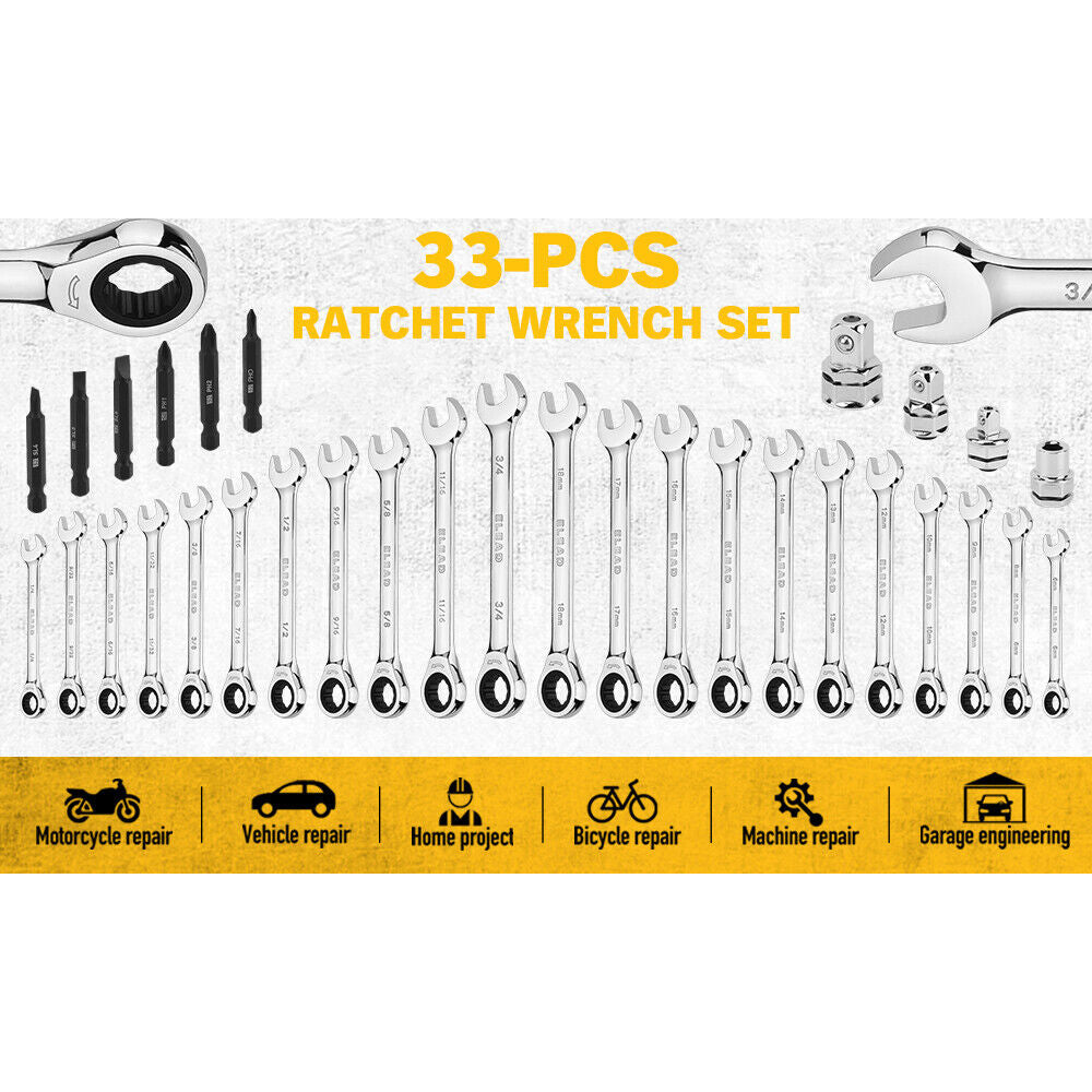 Elead 33Pcs Ratchet Wrench Set Sae Metric Phillips Slotted Bits Adapter