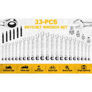 Elead 33Pcs Ratchet Wrench Set Sae Metric Phillips Slotted Bits Adapter