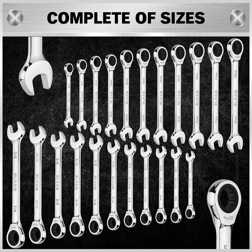 Elead 33Pcs Ratchet Wrench Set Sae Metric Phillips Slotted Bits Adapter