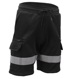 Hi Vis Fleece Work Cargo Shorts Reflective Tape Workwear Tradie Utility Pants Black