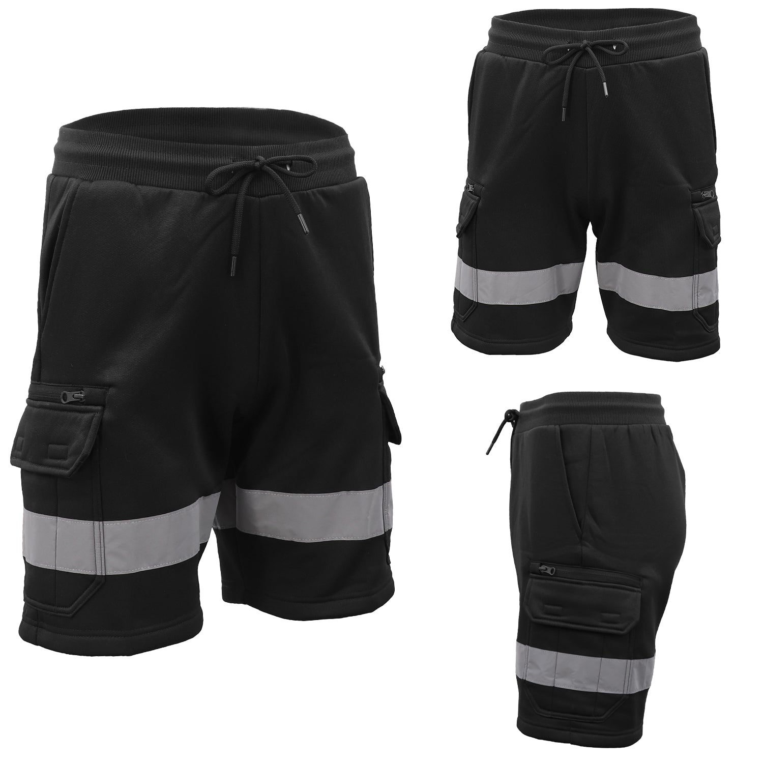 Hi Vis Fleece Work Cargo Shorts Reflective Tape Workwear Tradie Utility Pants Black
