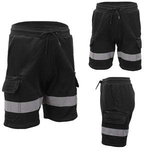 Hi Vis Fleece Work Cargo Shorts Reflective Tape Workwear Tradie Utility Pants Black