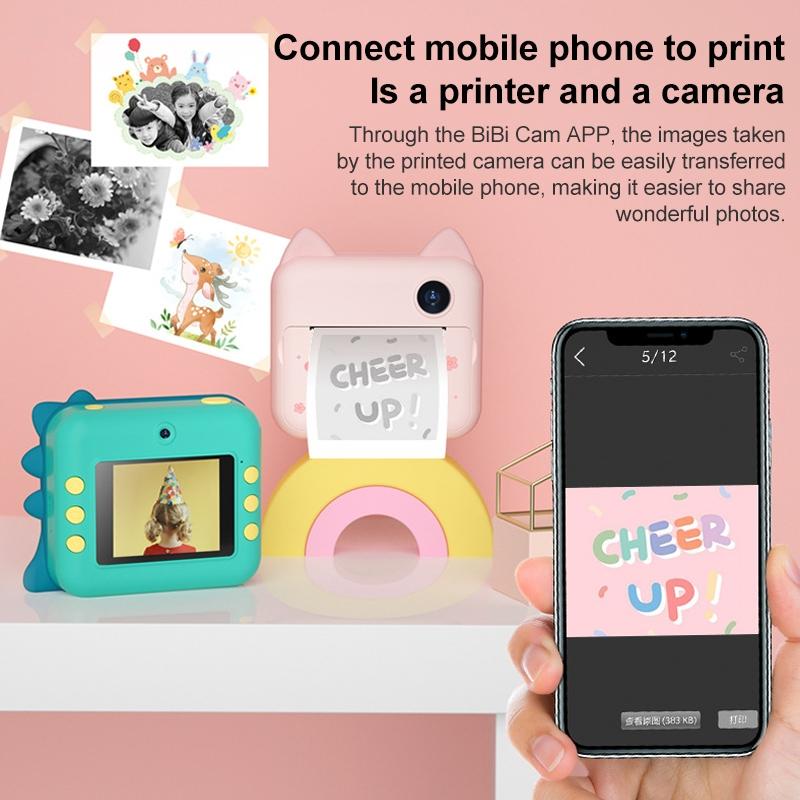 32Gb Children Instant Camera With Dual Lens And Mini Print Green Dino