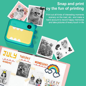 32Gb Children Instant Camera With Dual Lens And Mini Print Green Dino