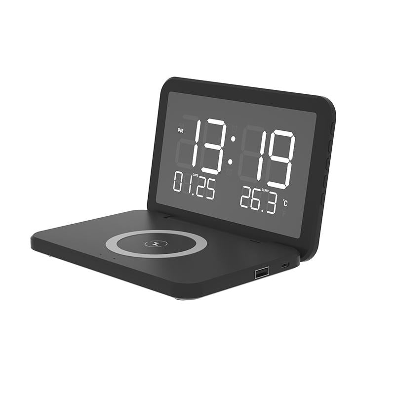 Foldable Desk Calendar Clock With Wireless Charger & Alarm Black