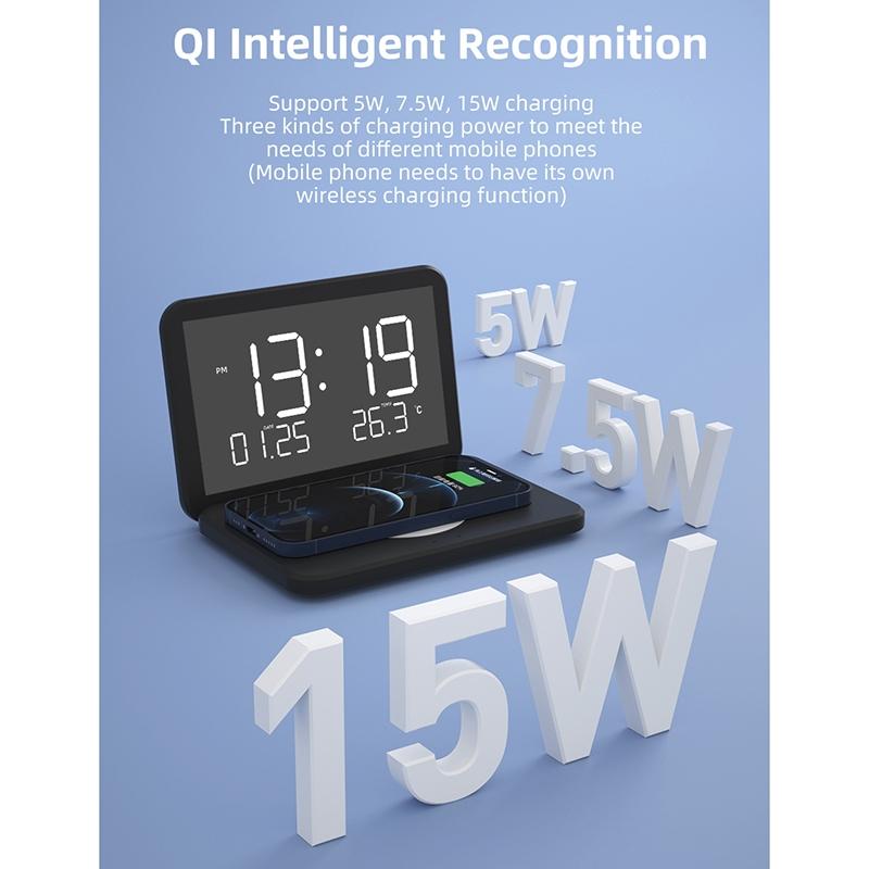 Foldable Desk Calendar Clock With Wireless Charger & Alarm Black