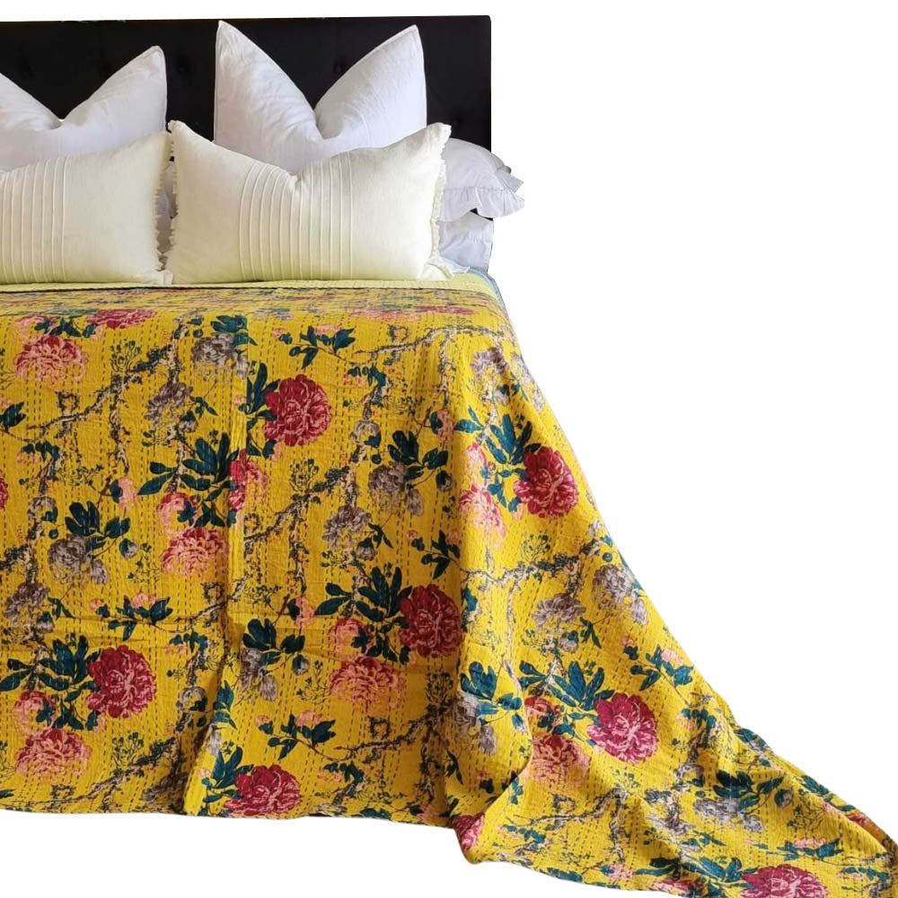 Mustard Peony Kantha Bedspread Coverlet (King 228 Cm X 274 Cm)