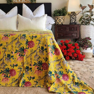 Mustard Peony Kantha Bedspread Coverlet (King 228 Cm X 274 Cm)