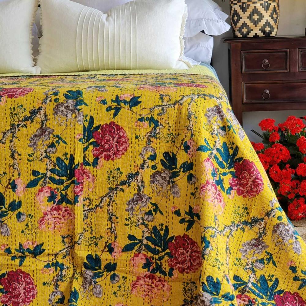 Mustard Peony Kantha Bedspread Coverlet (King 228 Cm X 274 Cm)