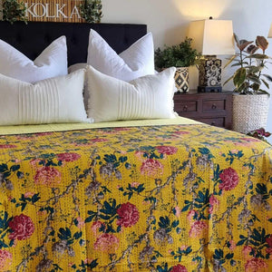 Mustard Peony Kantha Bedspread Coverlet (King 228 Cm X 274 Cm)