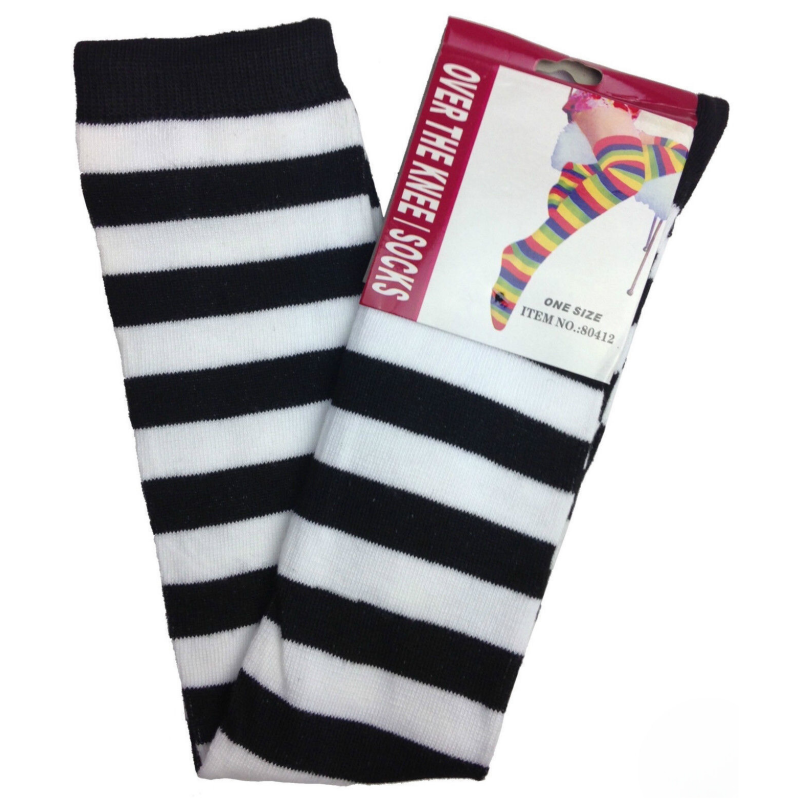 Over The Knee Socks Plain Striped High Thigh Ladies Long Womens Stripey Stocking Black/White