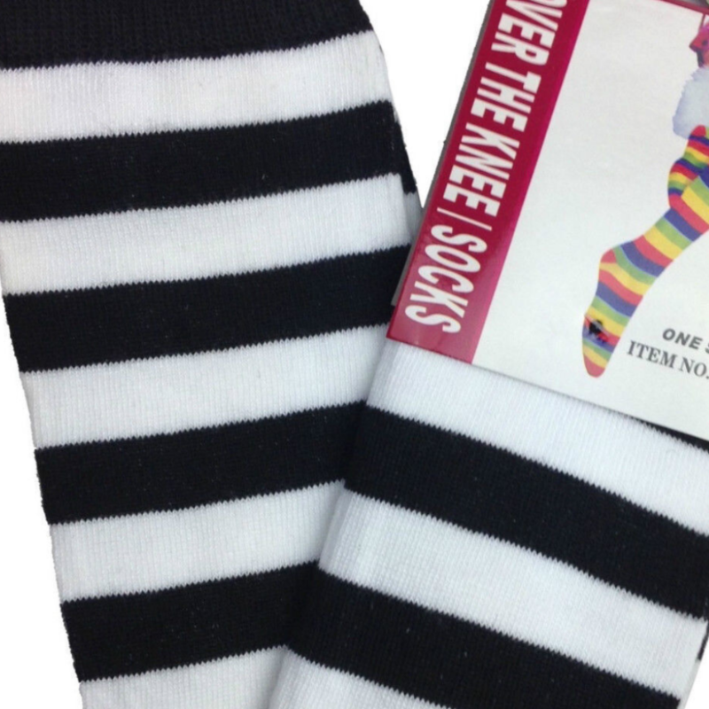 Over The Knee Socks Plain Striped High Thigh Ladies Long Womens Stripey Stocking Black/White