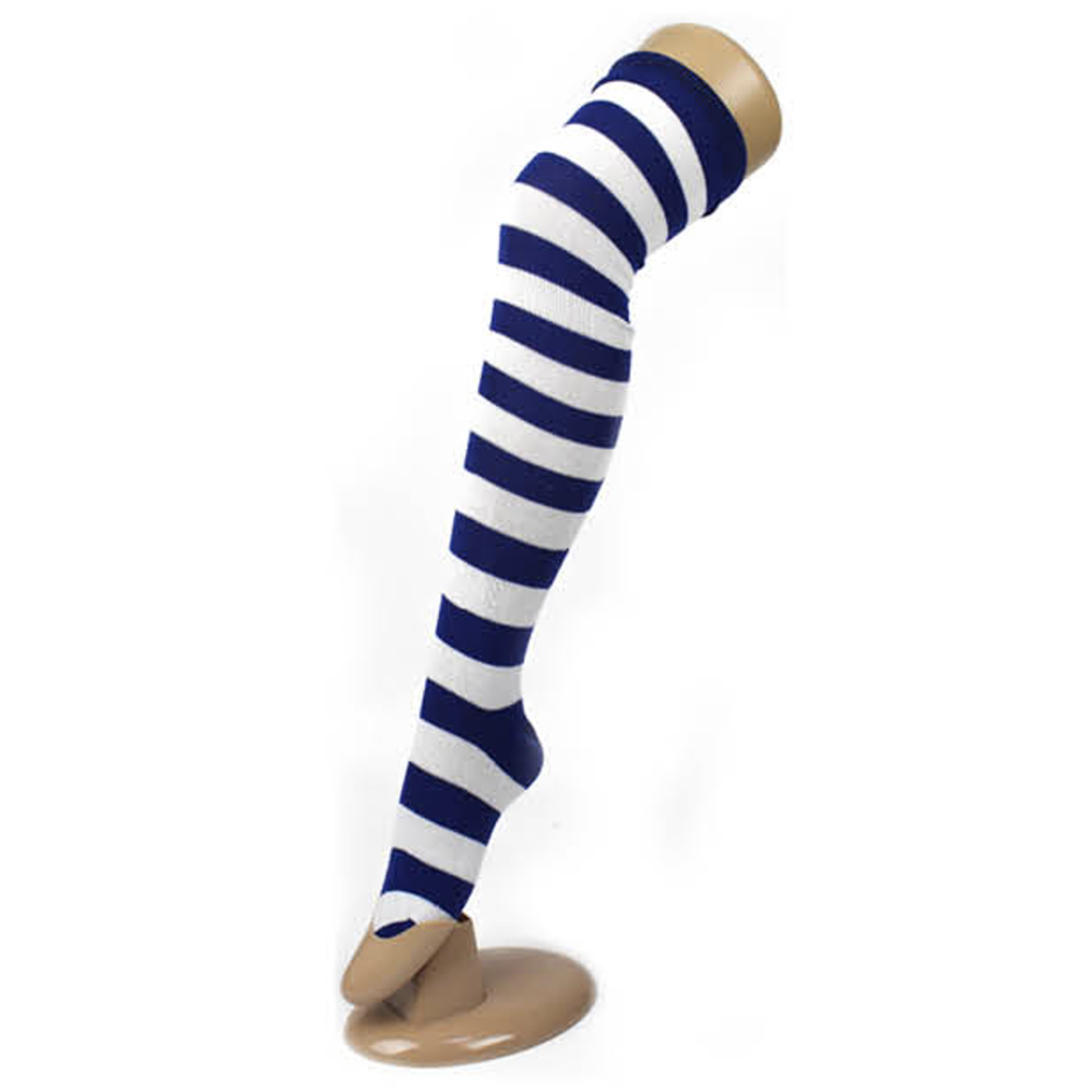 Over The Knee Socks Plain Striped High Thigh Ladies Long Womens Stripey Stocking Blue/White