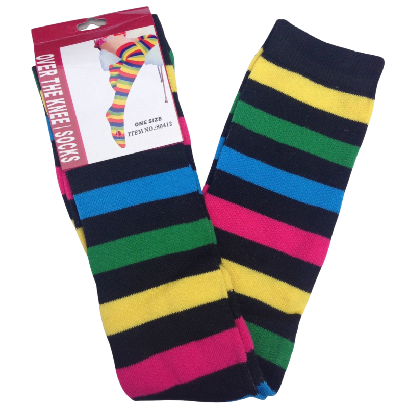 Over The Knee Socks Plain Striped High Thigh Ladies Long Womens Stripey Stocking Rainbow With Black