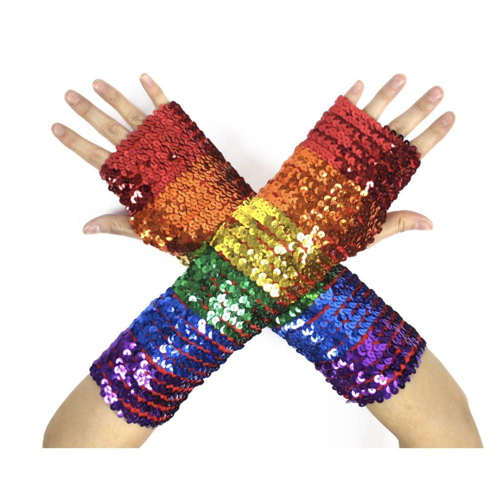 Rainbow Sequin Fingerless Gloves Mardi Gras Gay Pride Lgbt Lesbian Party