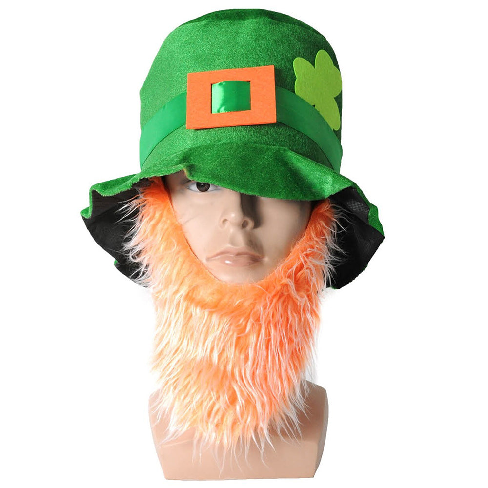 St Patricks Day Green Top Hat With Beard Iris Party Dress Up Ireland Halloween Cap