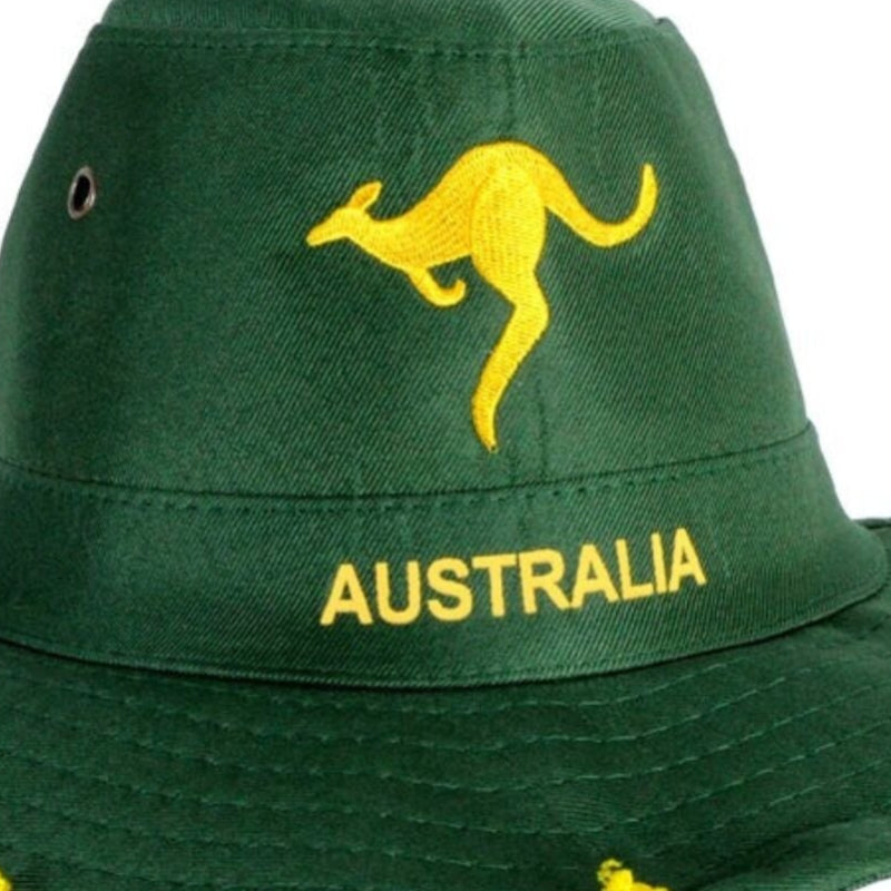 Australian Cork Hat Green With Gold Kangaroo Embroidery Aussie Day